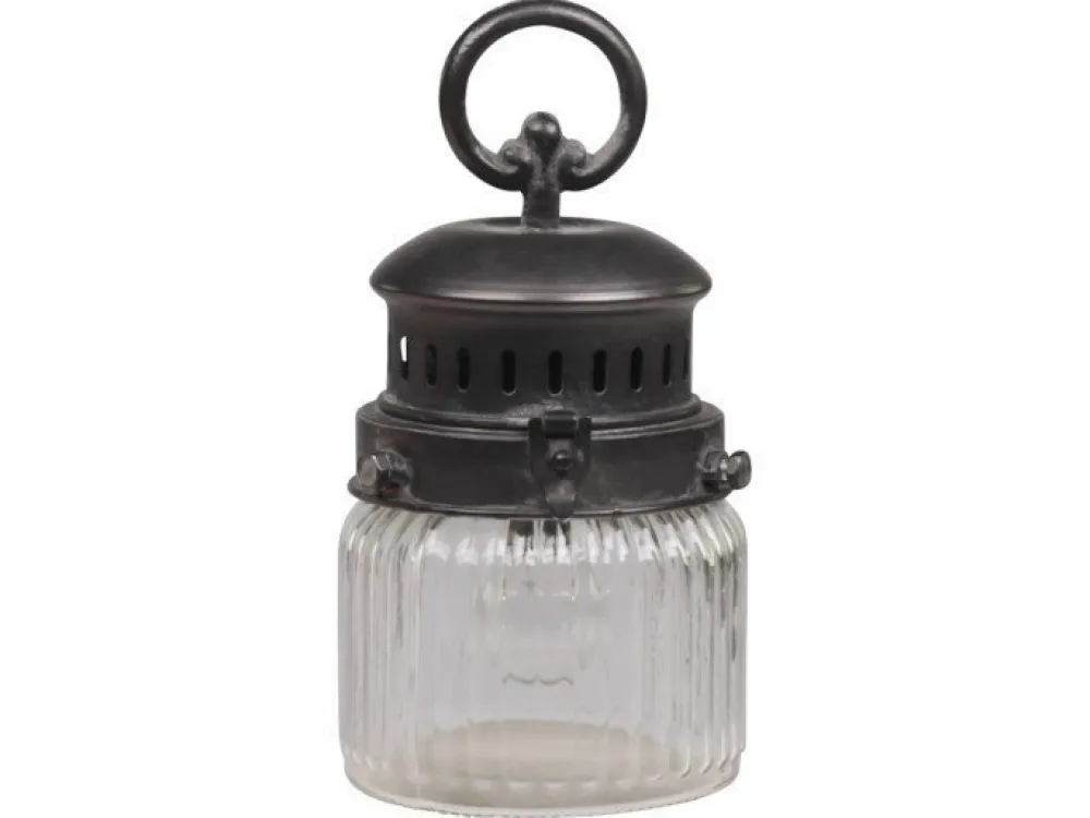 Chic Antique Französische Stalllaterne inkl. Glühbirne und Timer mit gerilltem Glas