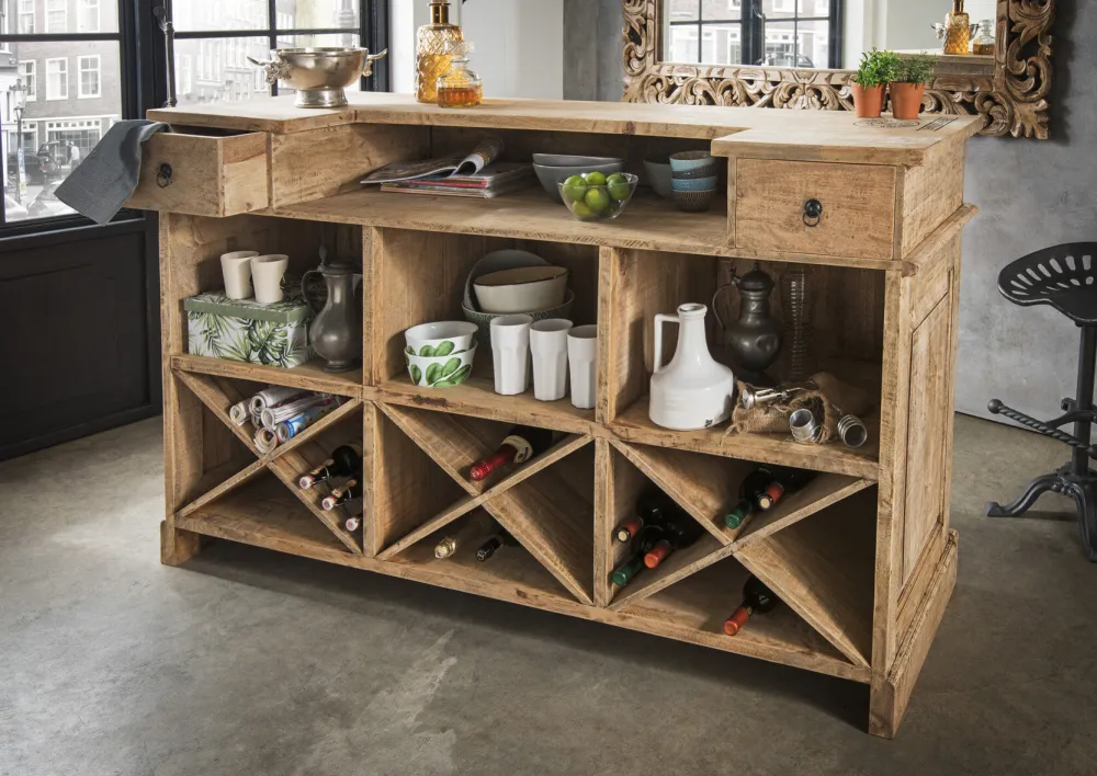 Faktorei Bar-Tresen Schrank Mangoholz massiv mit Beschriftung