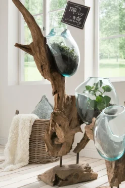 Faktorei Deko-Wurzel mit Glasvase in Tropfenform Teak-Holz